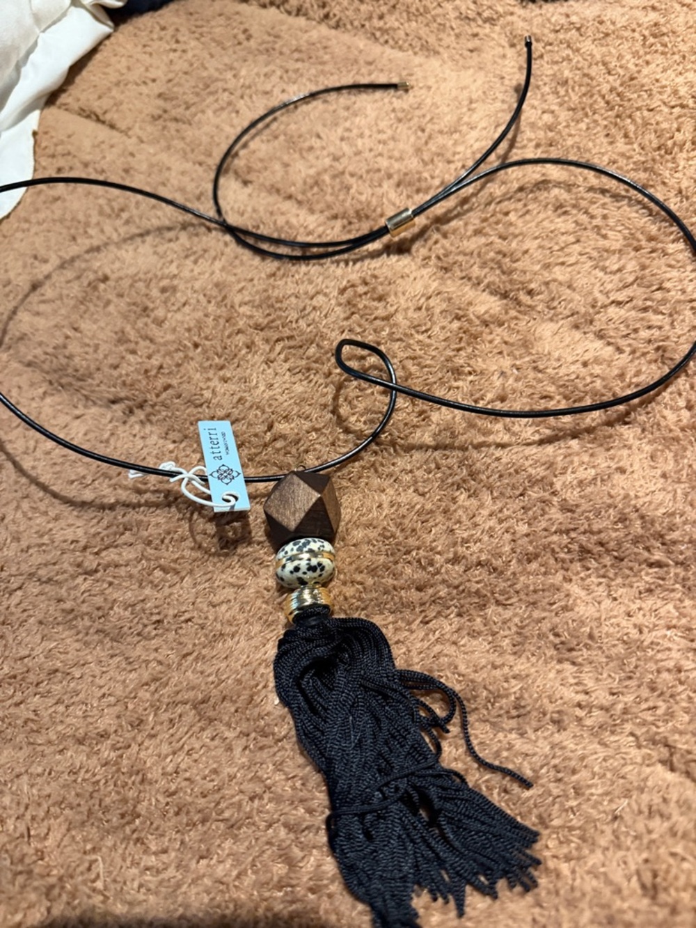 Black Tassel Pendant Necklace with Wood and Bead Accents